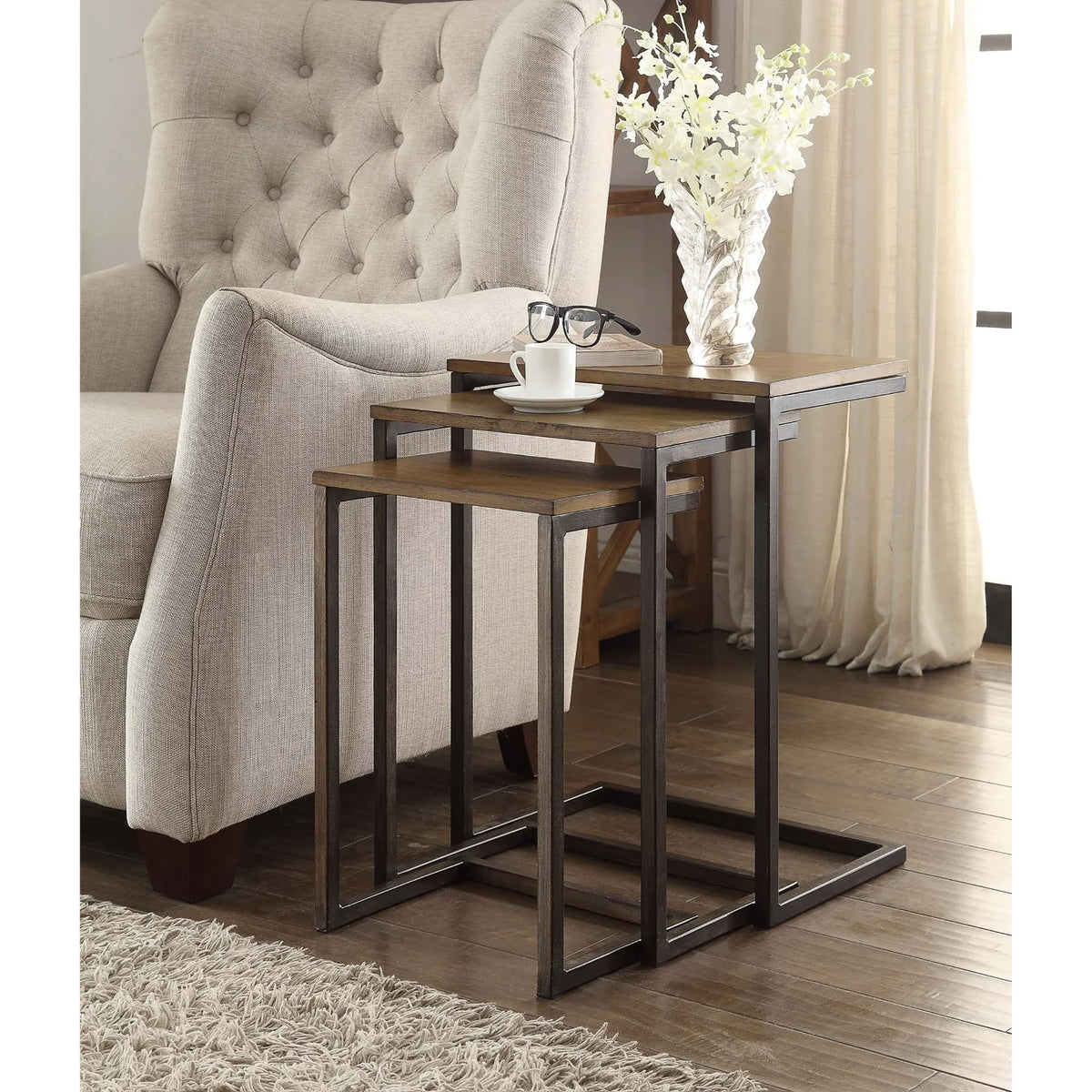 Brown and Black Set of 3 Nesting Tables with Mango Wood Top I530005
