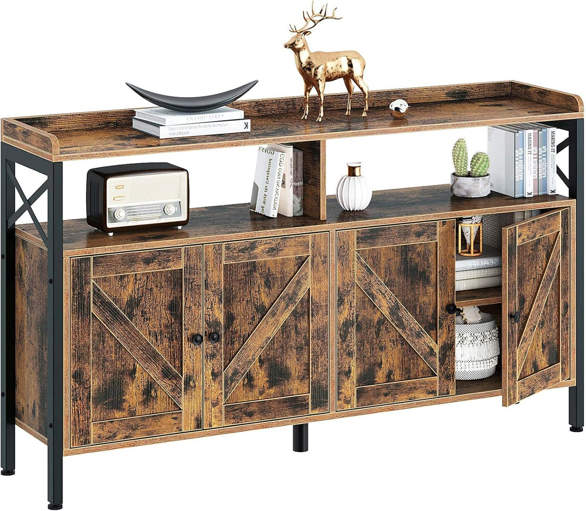 Rustic Brown 55Inch Console Table with Cabinet and Open Shelf B321
