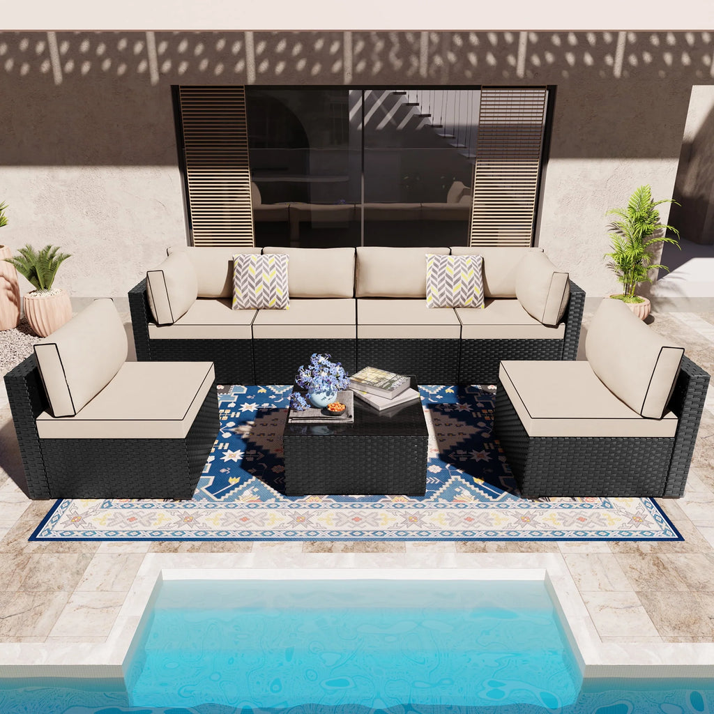 7 Pieces Black Wicker Outdoor Sectional Sofa Set with Tea Table Z22298