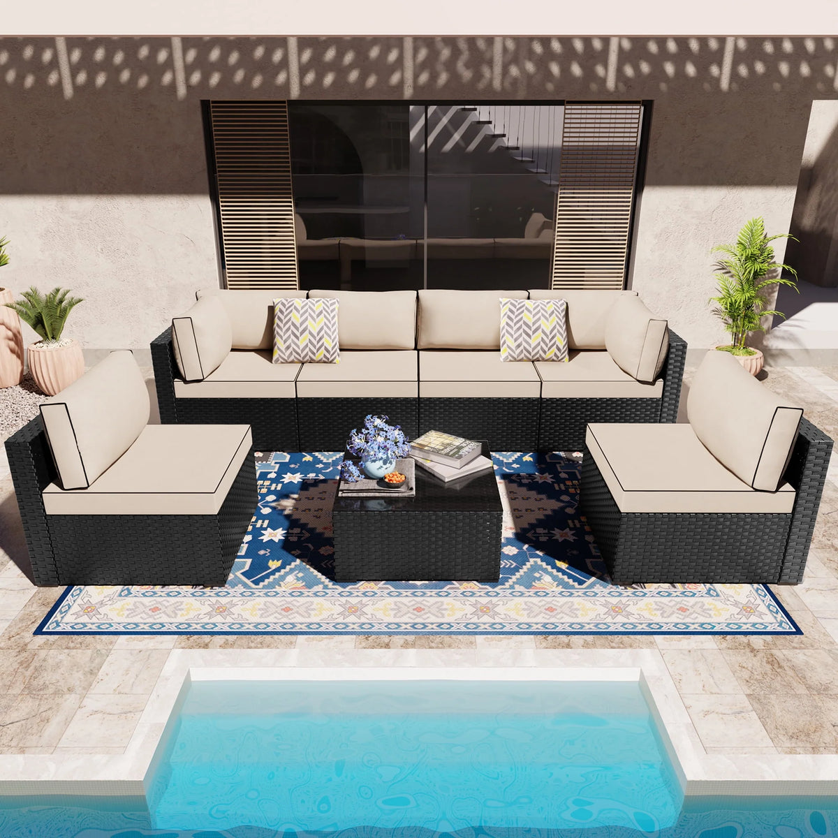 7 Pieces Black Wicker Outdoor Sectional Sofa Set with Tea Table Z22298