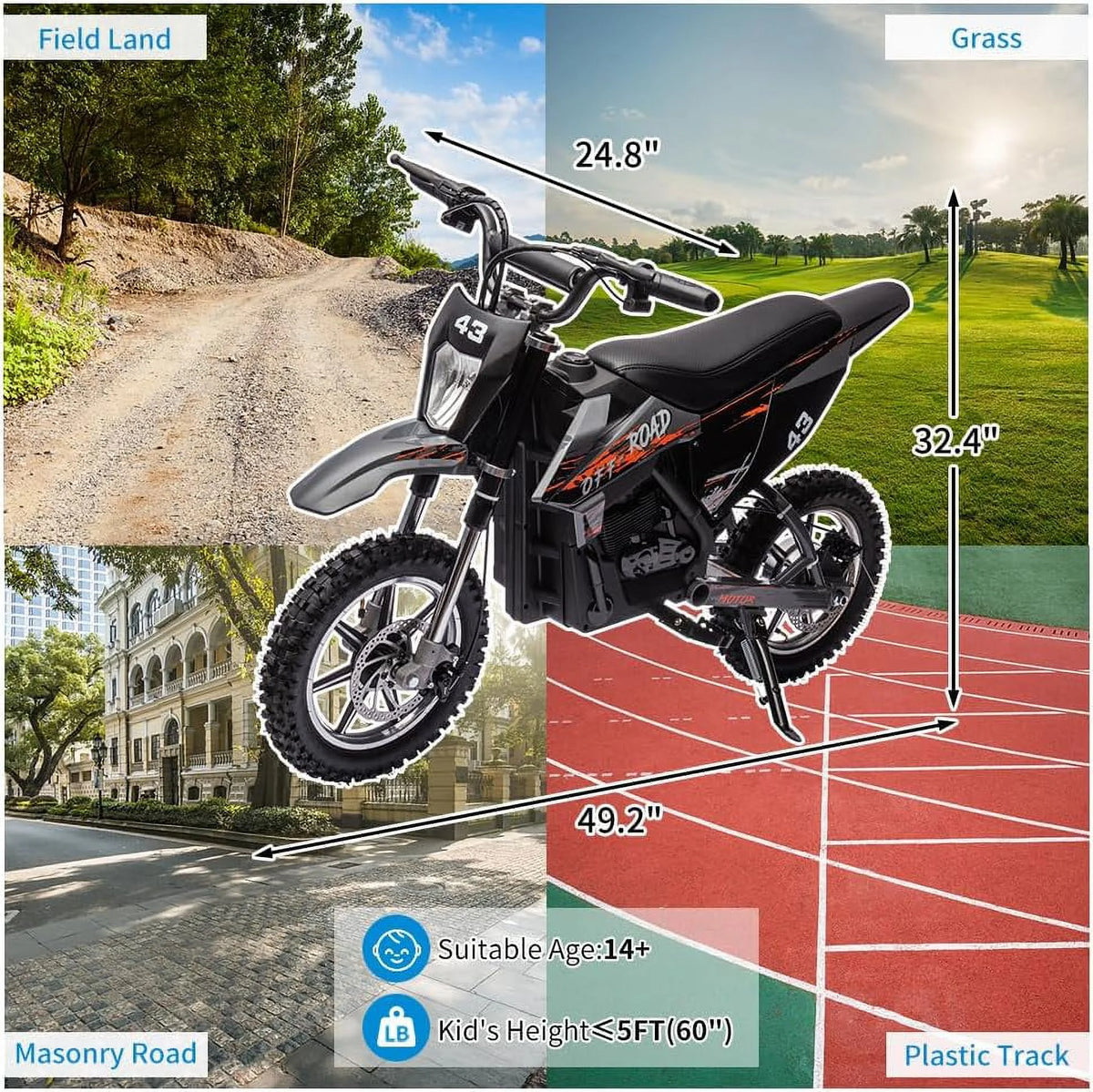 36V Electric Dirt Bike 350W Brushless Motor 15.5MPH Black R953818