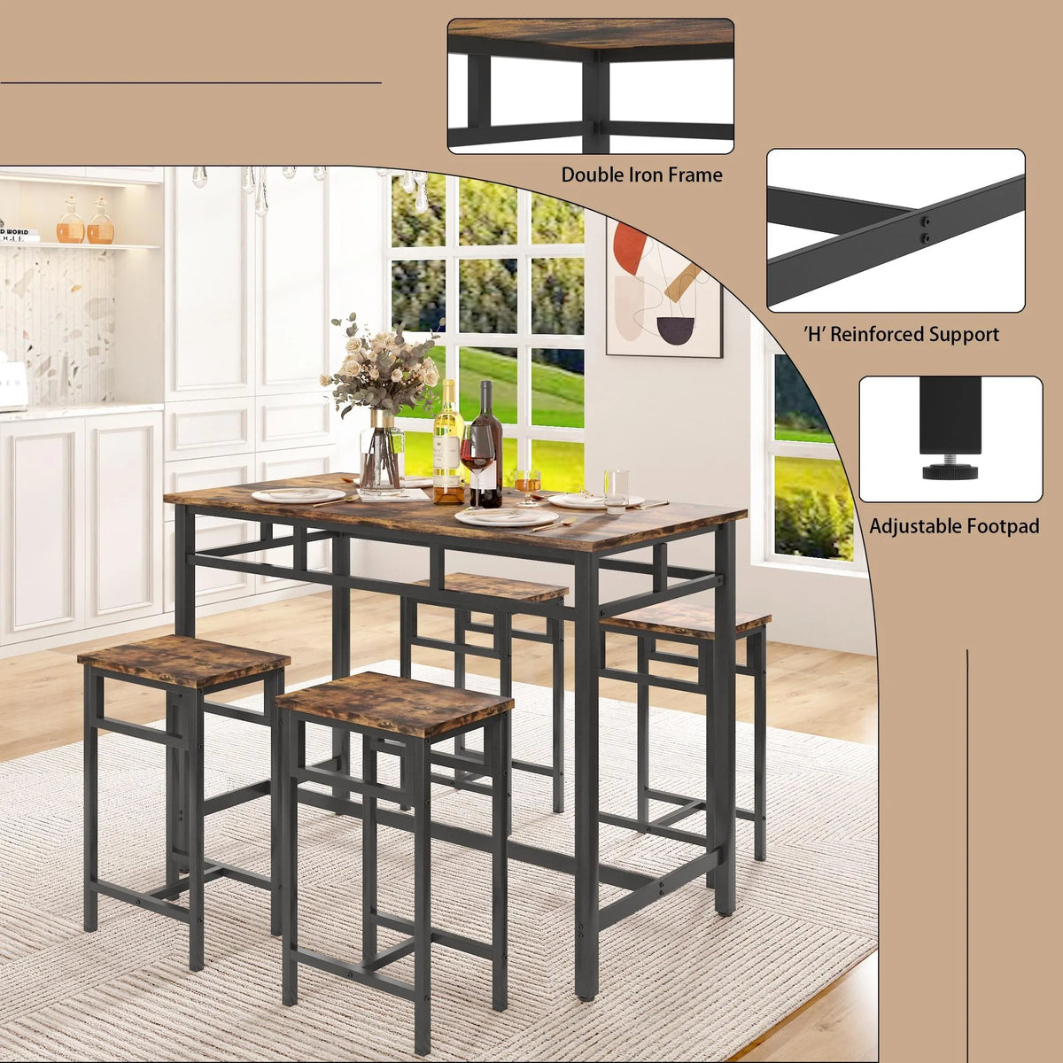 5-Piece Counter Height Pub Dining Set with Foot Support E561