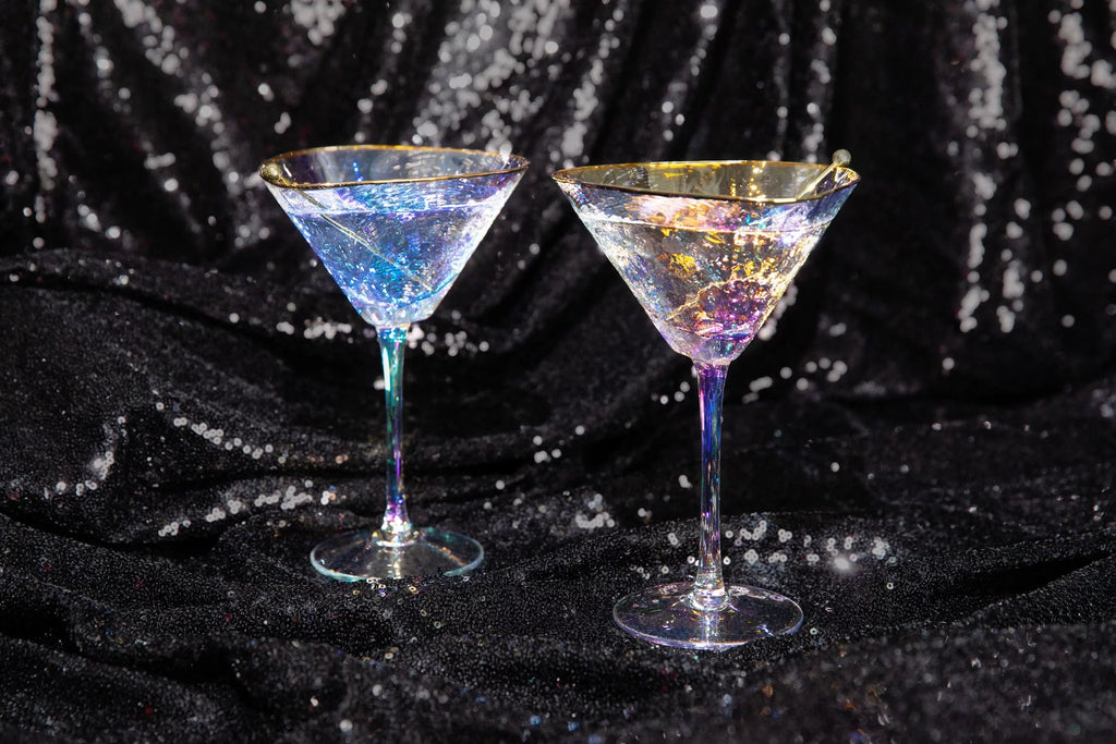 Iridescent Handmade Hammered Martini Glasses with Gold Rim Set of 2 U9380