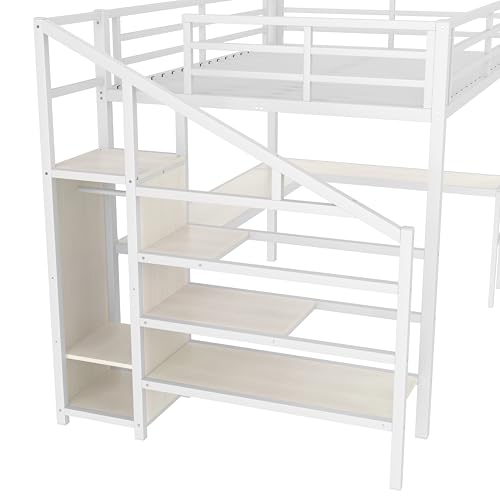 Queen Metal Loft Bed with Desk, Wardrobe, USB Ports, LED Lights, Shelves, White L86483