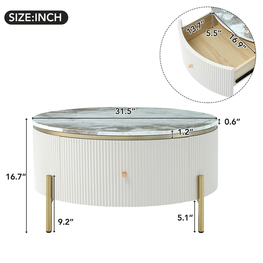 Modern Round Coffee Table with 2 Drawer, Sintered Stone Top, White Y16843