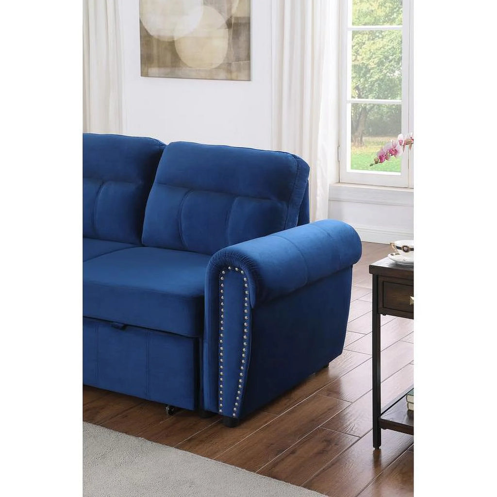 Blue Velvet Reversible Sleeper Sectional Sofa Chaise G74413