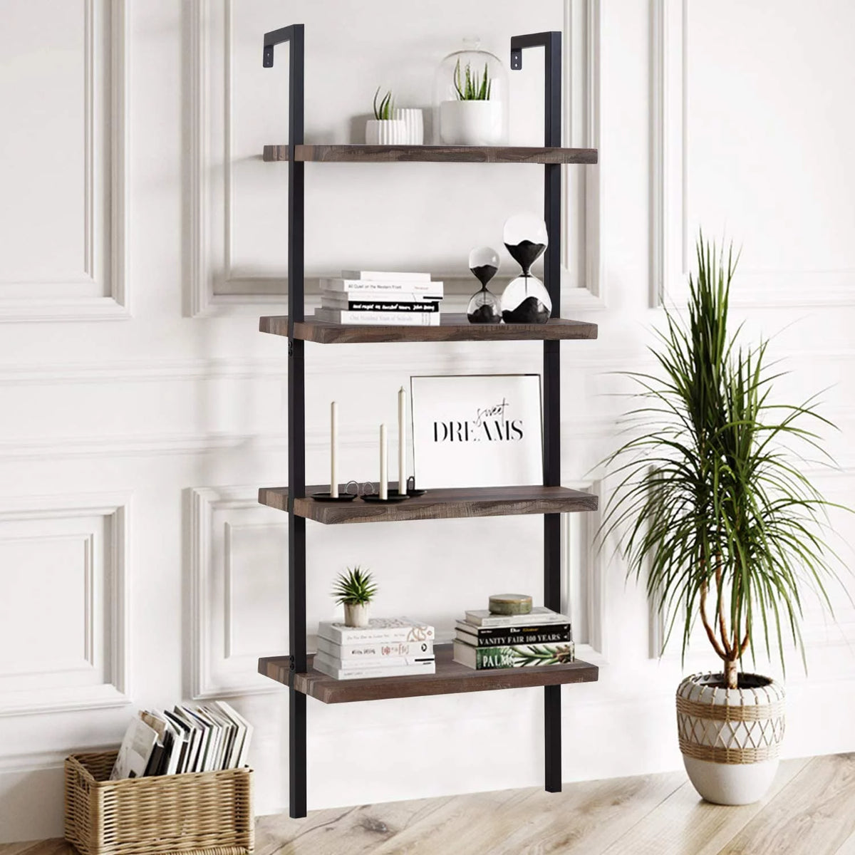 4 Shelf Wall Mount Bookshelf with Metal Frame L5669