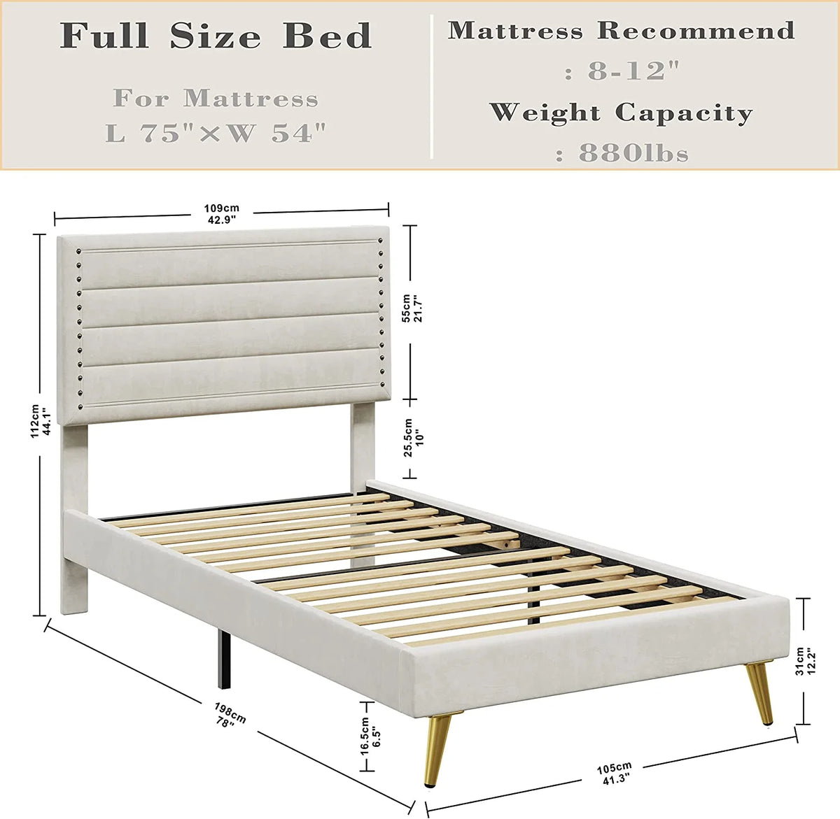 Beige Upholstered Wood Twin Bed Frame Y6238