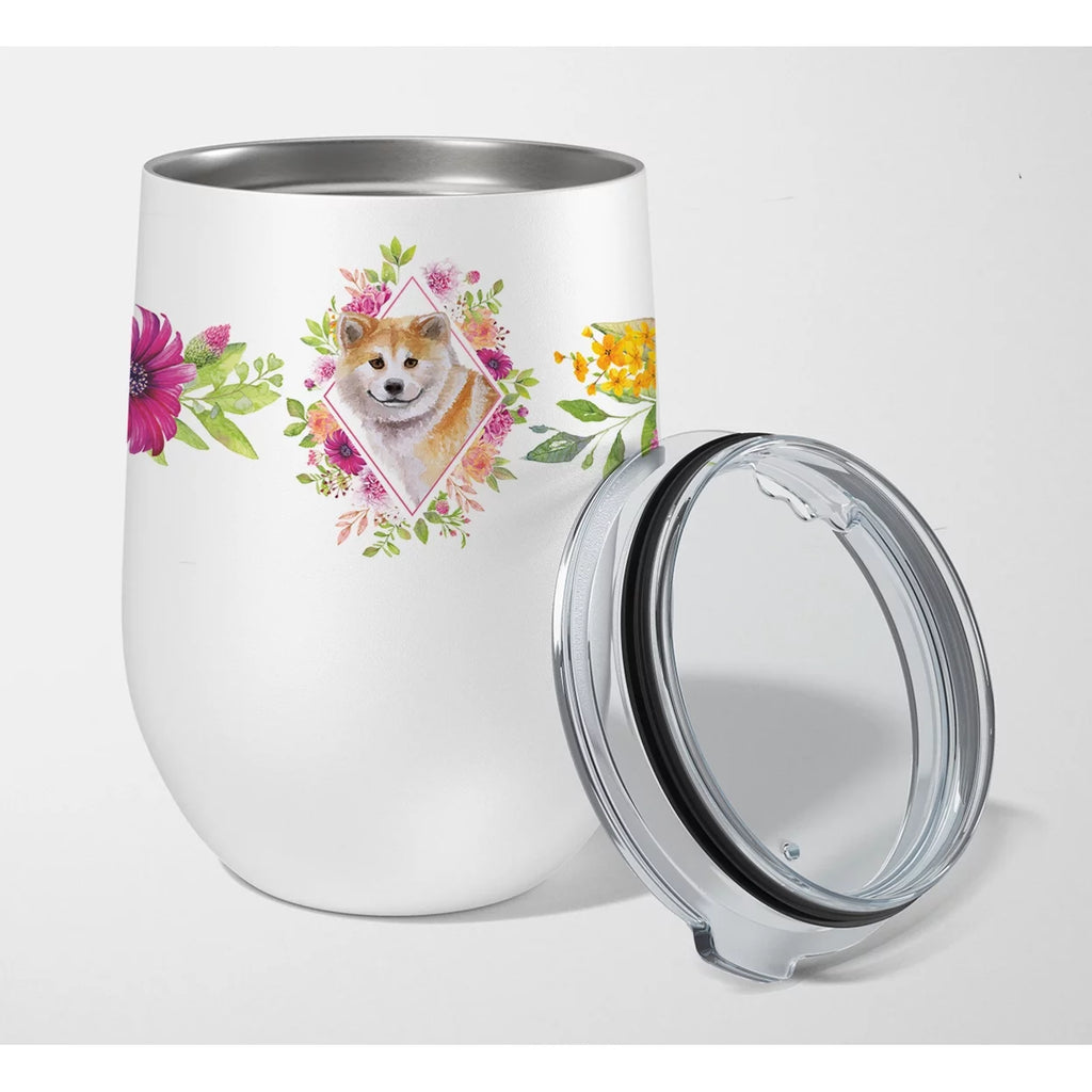 Shiba Inu Pink Flowers Stainless Steel 12 oz Stemless Wine Glass B640