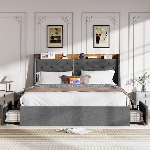Queen Size Upholstered Platform Bed Frame with 4 Storage Drawers F3811