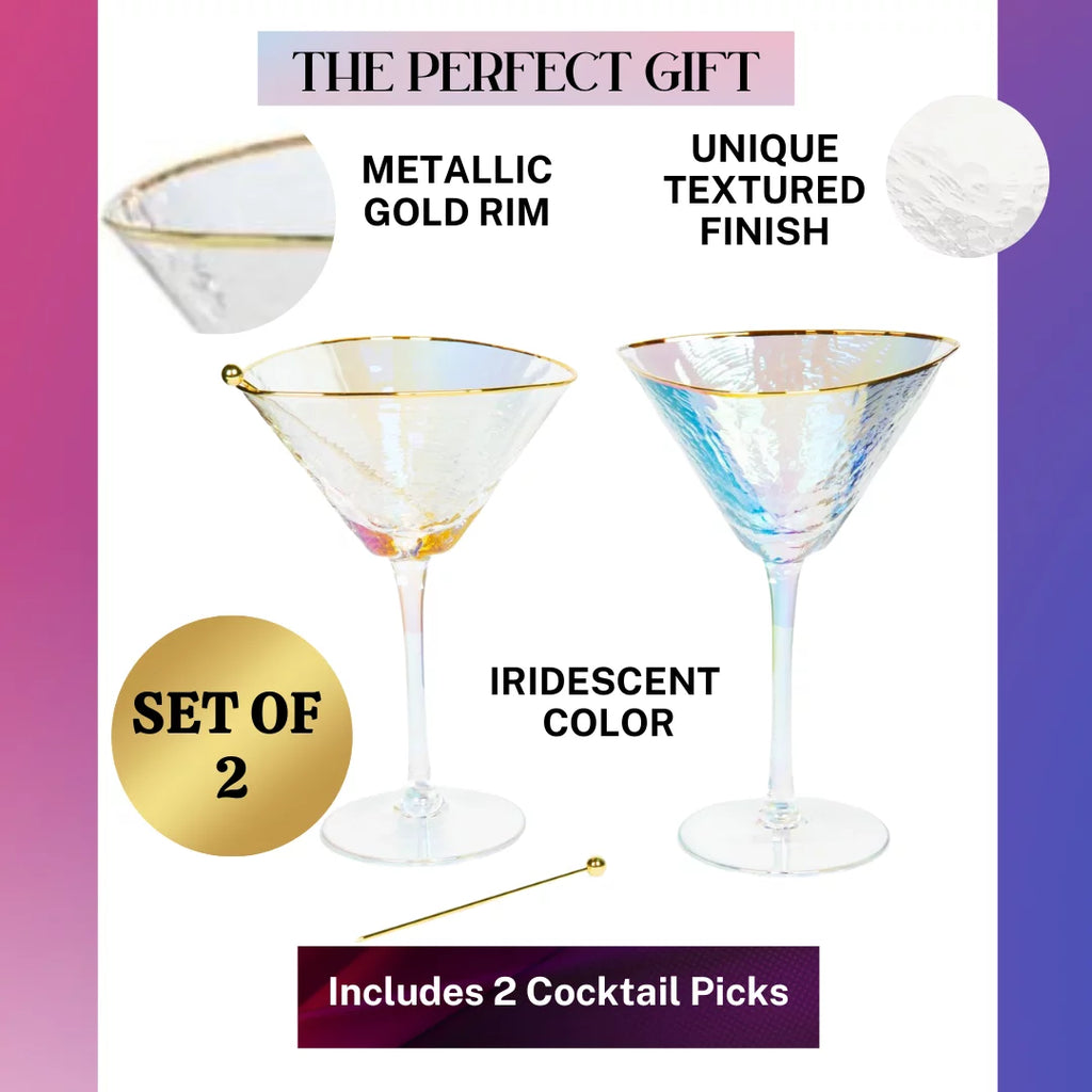 Iridescent Handmade Hammered Martini Glasses with Gold Rim Set of 2 U9380