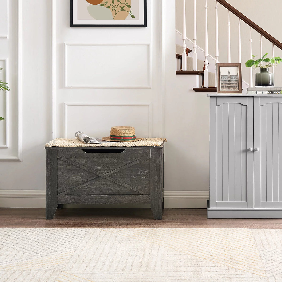 Charcoal Gray Storage Ottoman Bench with Safety Hinge Q682583