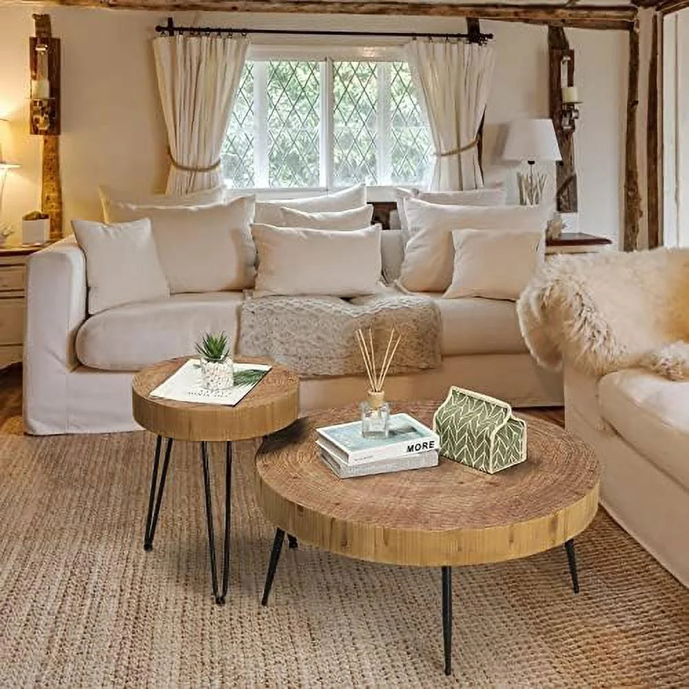 Round Coffee Table Set of 2 Solid Wood Side and End Table V5243