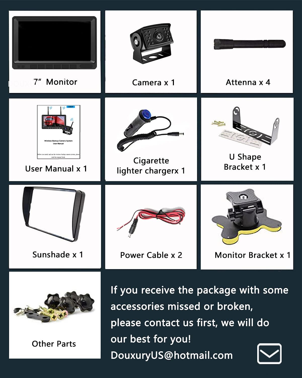 Wireless Backup Camera IP69 Waterproof 170° Wide View Angle HD 1080P with 7 Monitor D664529