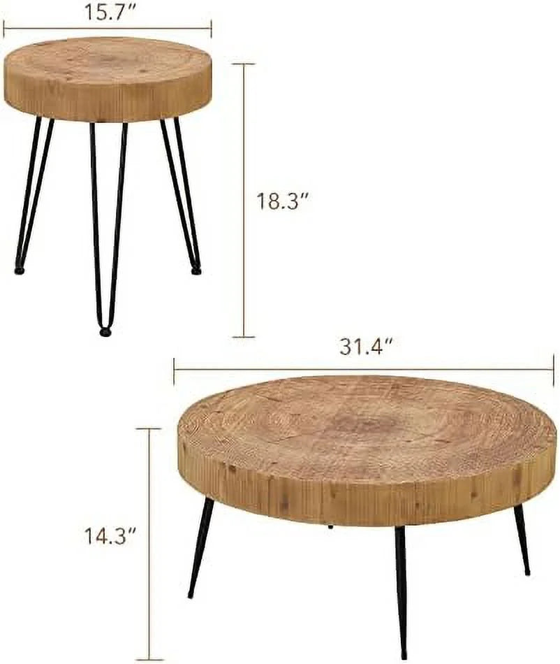 Round Coffee Table Set of 2 Solid Wood Side and End Table V5243