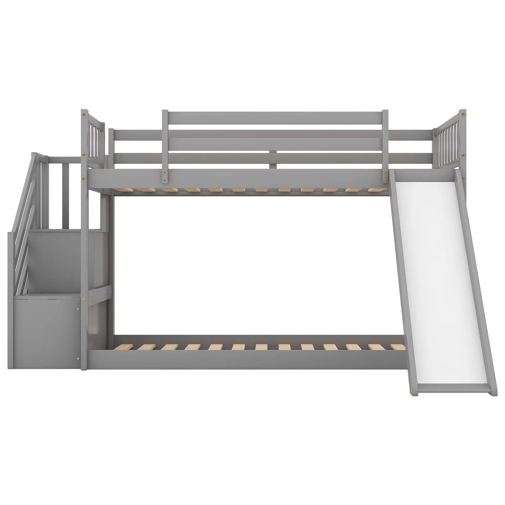 Gray Twin Over Twin Wooden Bunk Bed with Slide and Stairs H8807