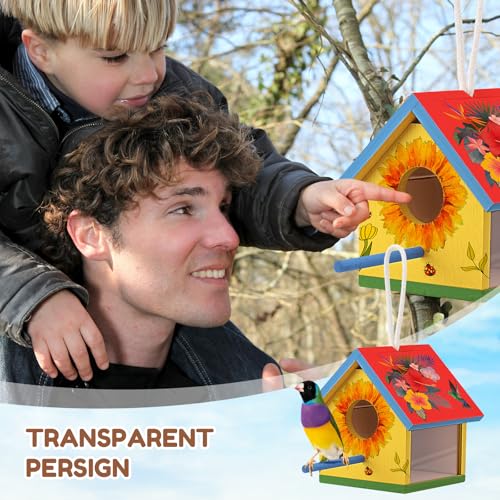 4 Set Wooden Birdhouse Kits with Lanyard and Post K474426