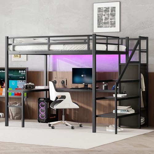 Queen Metal Loft Bed with Desk, Wardrobe, USB Ports, LED Lights, Shelves, White L86483