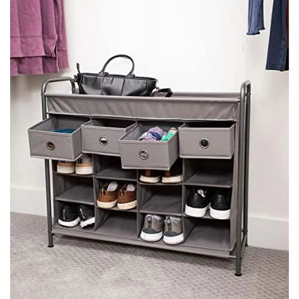 Grey 16 Cubby Shoe Rack Organizer with 4 Drawers S94850
