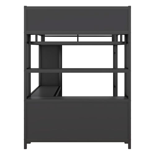 Full Size White Metal Loft Bed with L Shaped Desk and Wardrobe B699