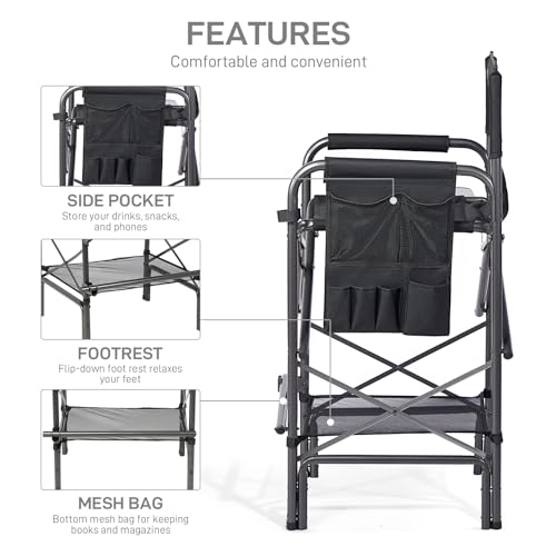 Tall Folding Chair with Side Table Cup Holder Storage Pocket Blue Grey O655
