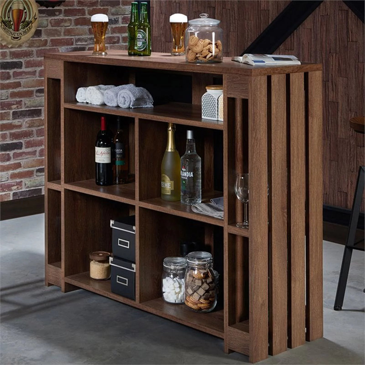 Contemporary Wood 9-Shelf Bar Cabinet in Walnut J67250