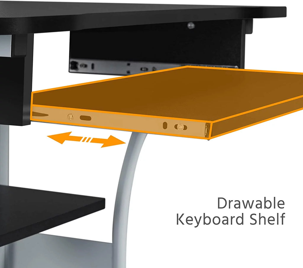 Black 2 Tier Rolling Computer Desk with Keyboard Tray T40974