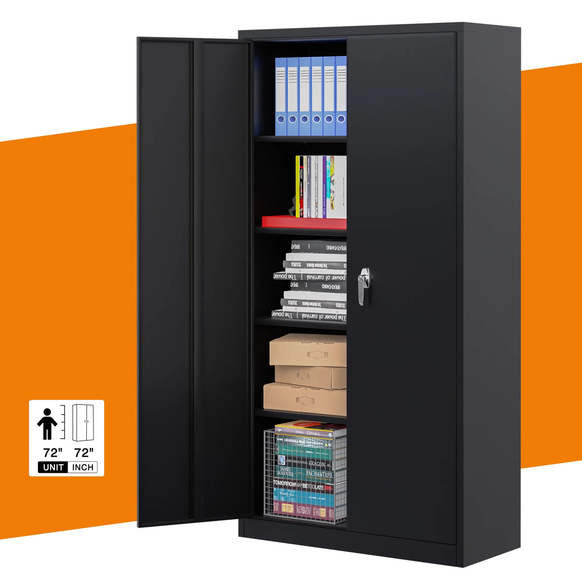 Black 72"H Lockable Steel Storage Cabinet with 4 Adjustable Shelves D810