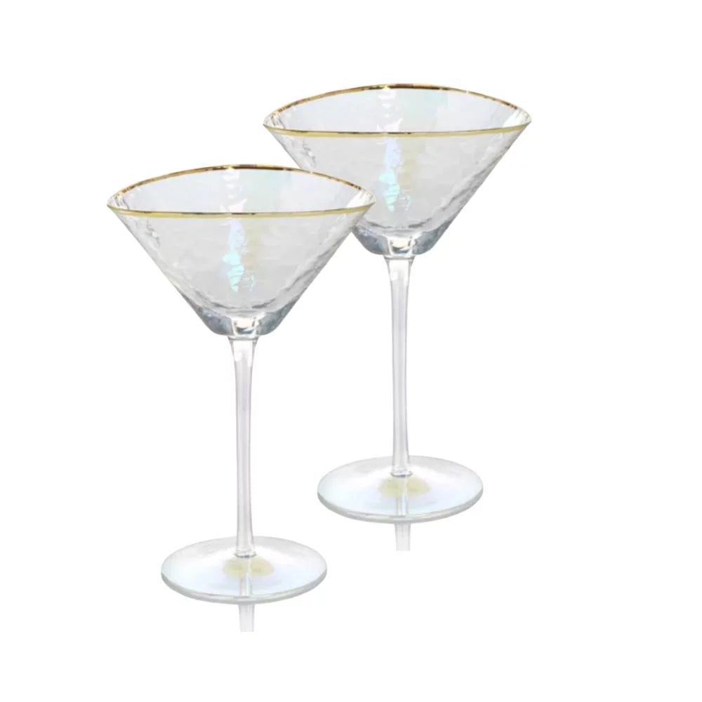 Iridescent Handmade Hammered Martini Glasses with Gold Rim Set of 2 U9380