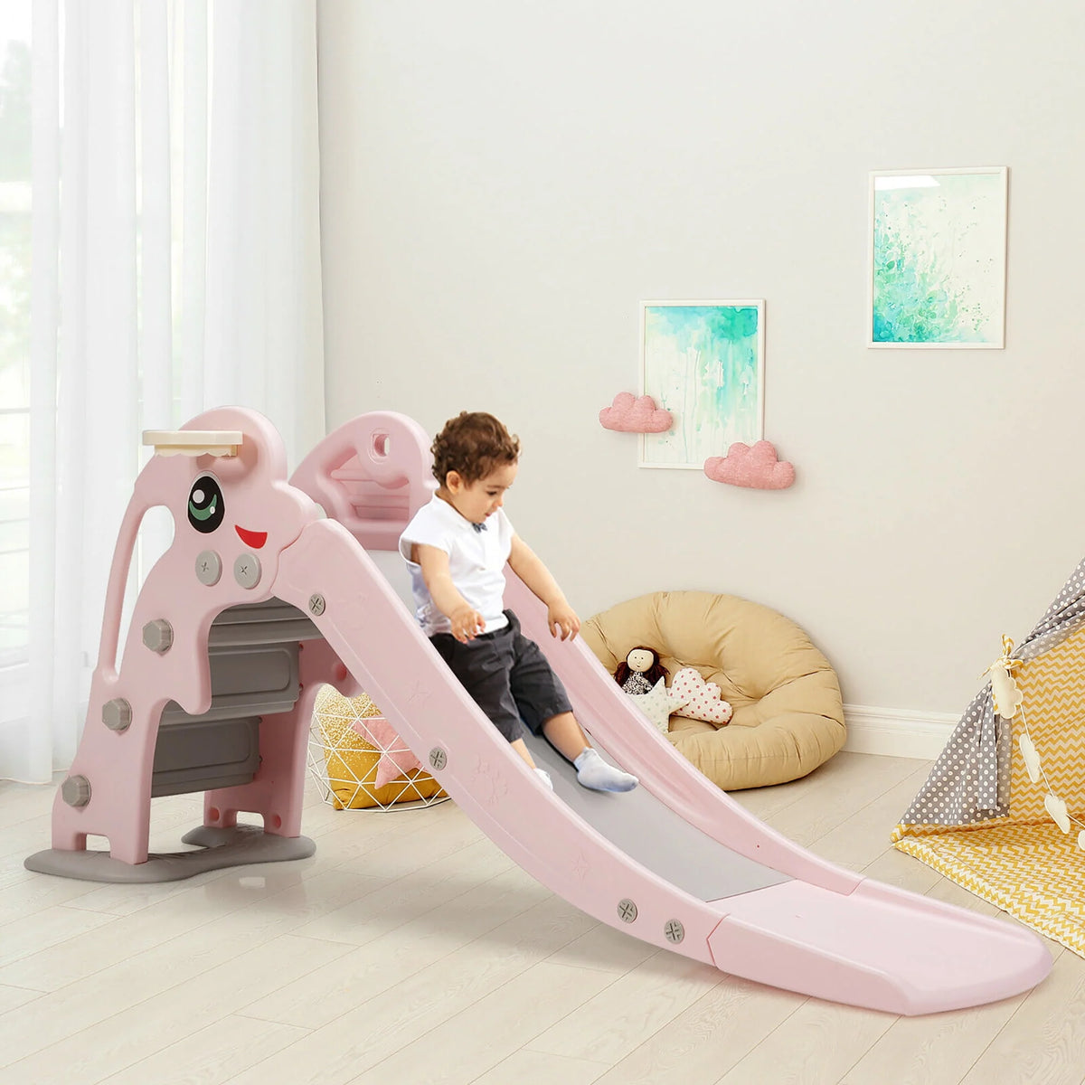 3-in-1 Kids Climber Slide Play Set with Basketball Hoop Green L73072