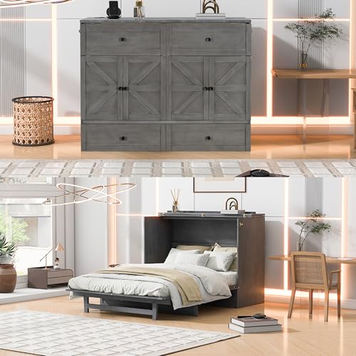 White Full Size Murphy Bed with USB Ports and Drawer Y713