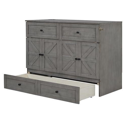White Full Size Murphy Bed with USB Ports and Drawer Y713