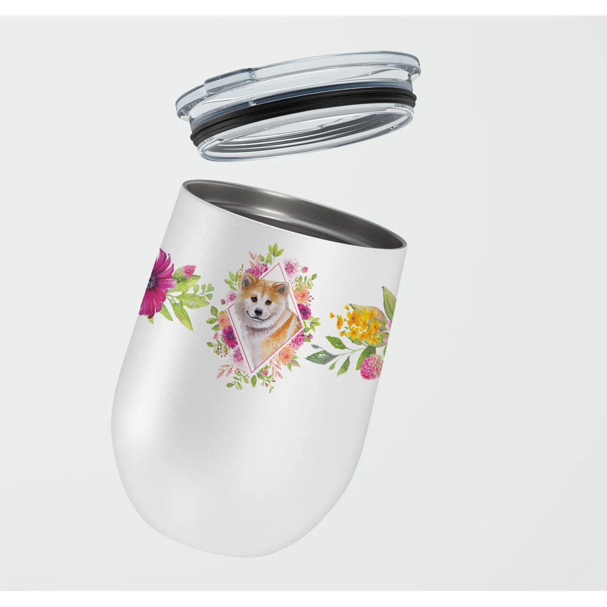 Shiba Inu Pink Flowers Stainless Steel 12 oz Stemless Wine Glass B640