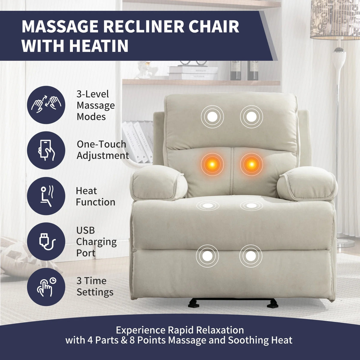 Beige Velour Recliner Chair with Heat Vibration F392