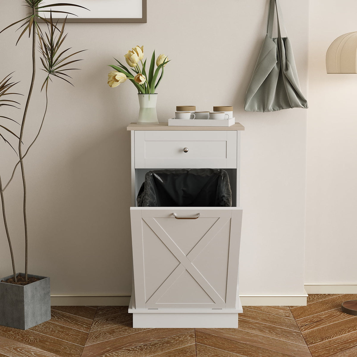 White Tilt Out Trash Can Cabinet R572817