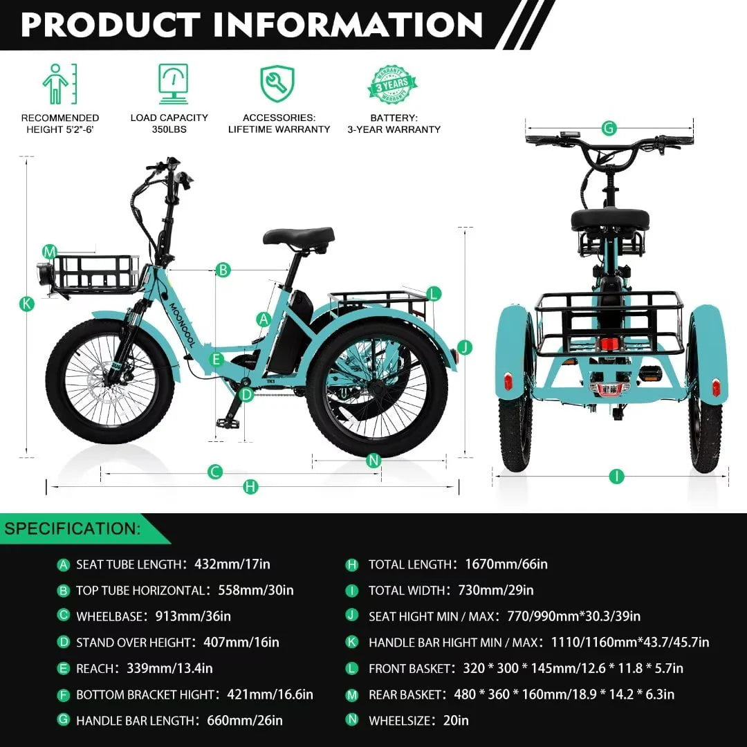 Electric Folding Tricycle with 500W Motor, 48v 14.5Ah Battery, 20*3in Fat Tires M816