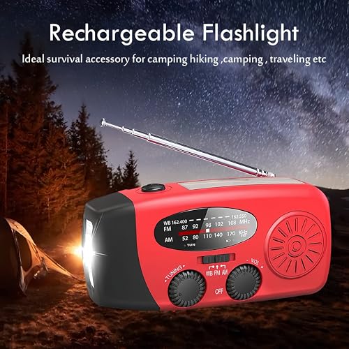 Portable Self-Powered AM/FM/NOAA Weather Radio with Solar & Hand-Crank Charging, LED Flashlight, USB Rechargeable, 2000mAh Power Bank B26922