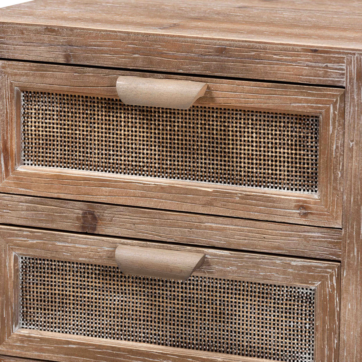 Whitewashed Natural Brown Wood and Rattan 2-Drawer End Table E327746