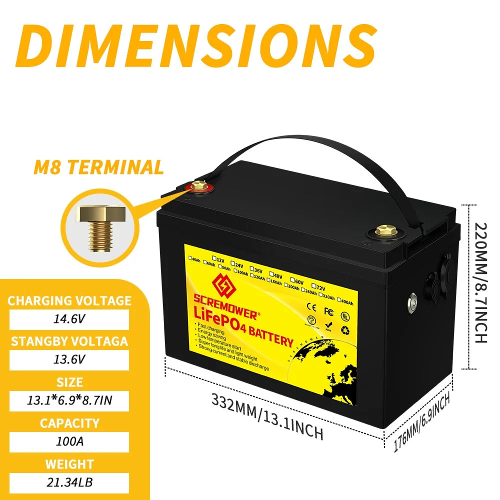 12V 100AH LiFePO4 Lithium Battery with 100A BMS L183