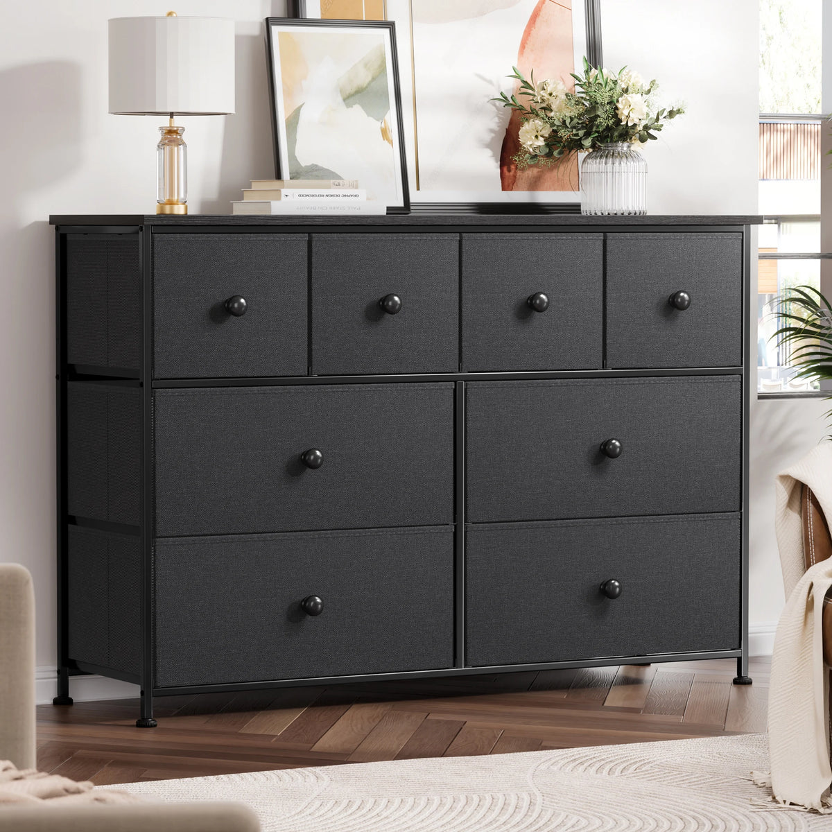 8 Drawer Fabric Dresser with Steel Frame and Wooden Top B17774
