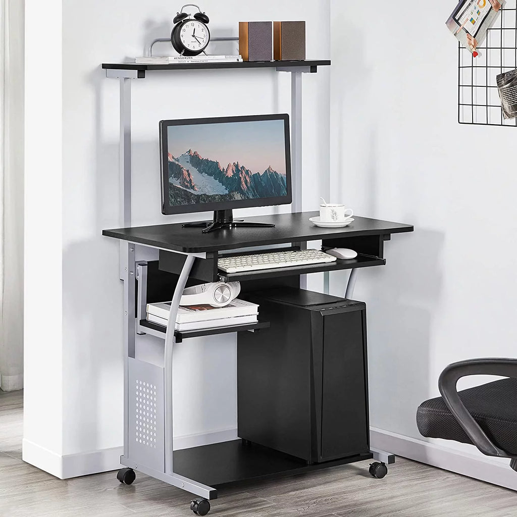 Black 2 Tier Rolling Computer Desk with Keyboard Tray T40974