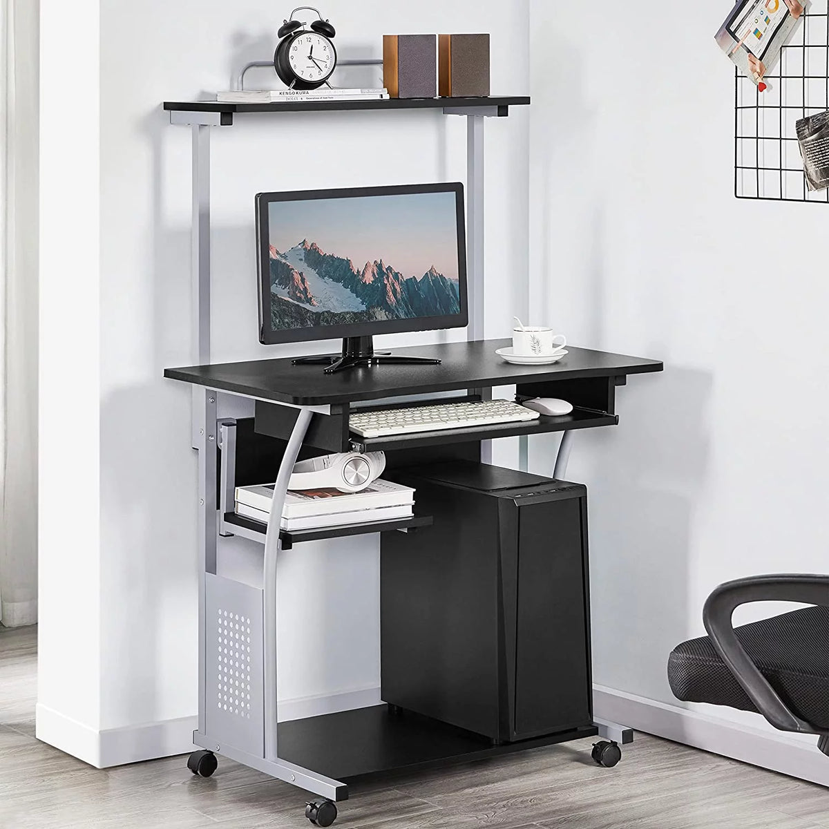 Black 2 Tier Rolling Computer Desk with Keyboard Tray T40974