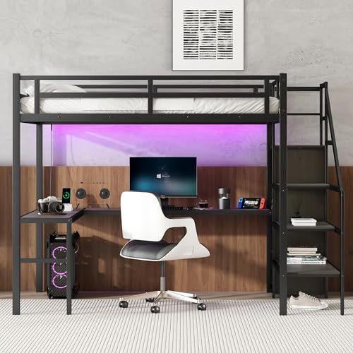 Queen Metal Loft Bed with Desk, Wardrobe, USB Ports, LED Lights, Shelves, White L86483