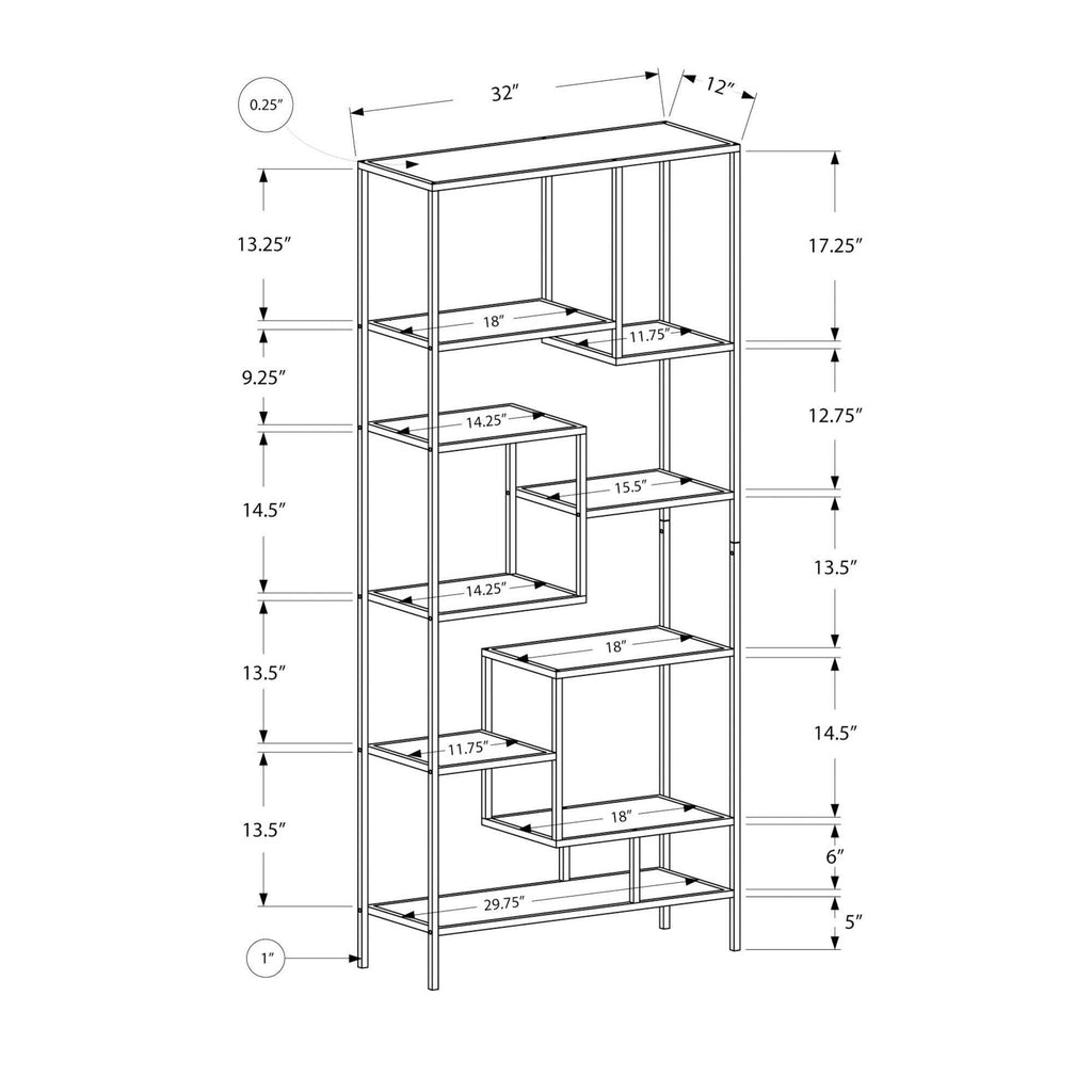 72x22H Silver Metal Bookcase with Tempered Glass Q9656