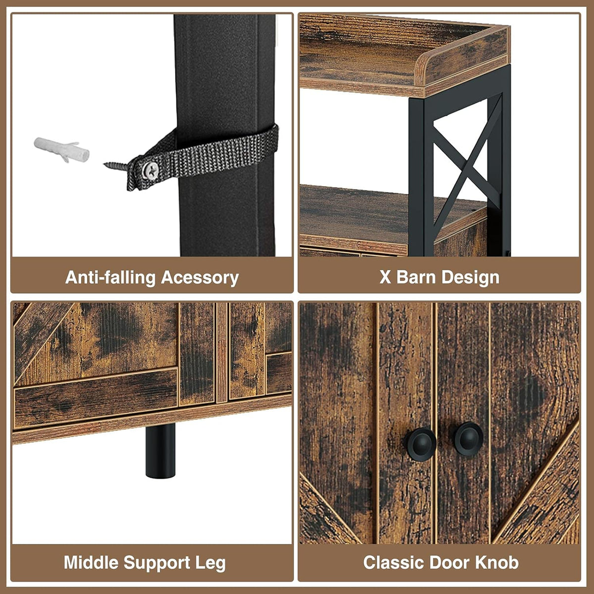 Rustic Brown 55Inch Console Table with Cabinet and Open Shelf B321