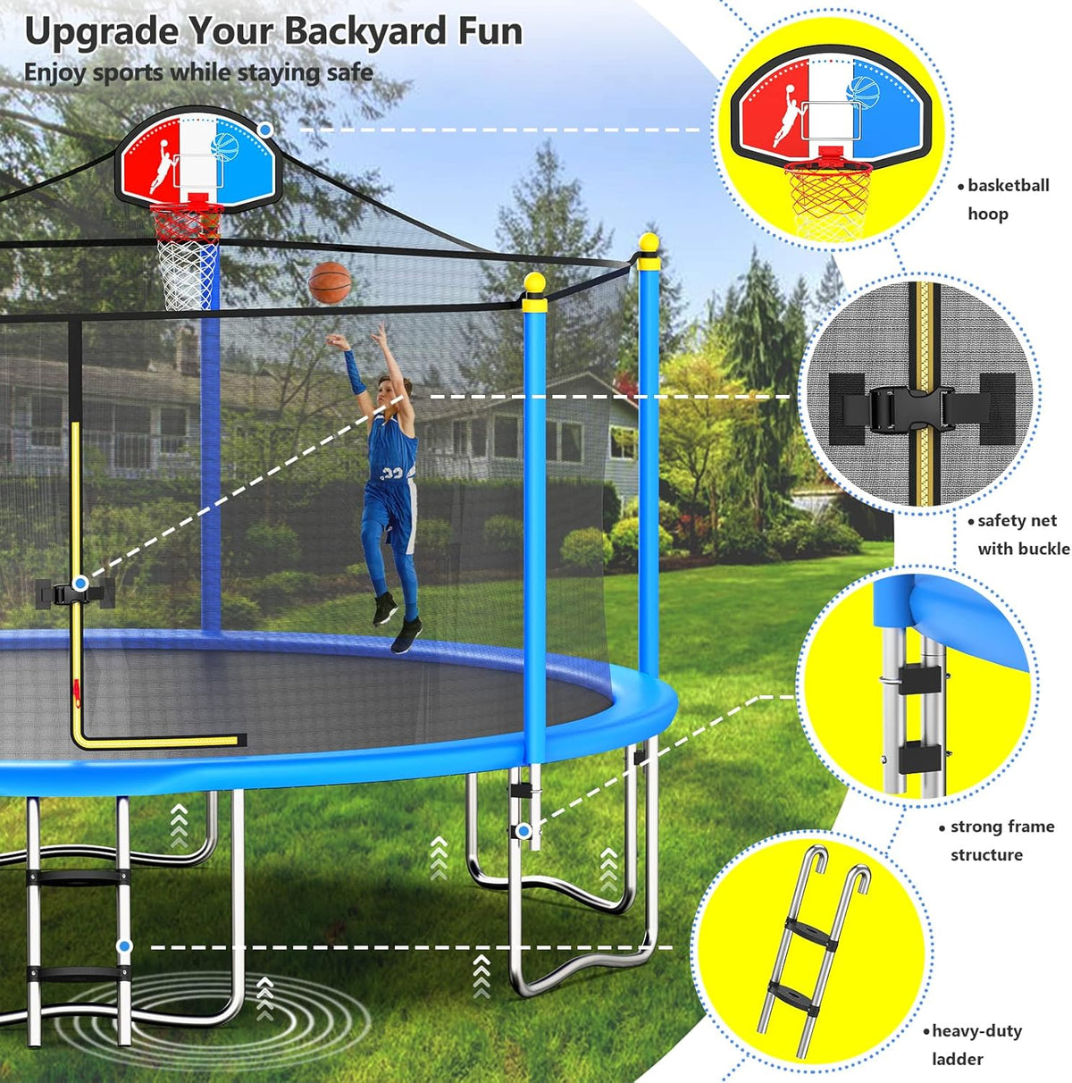 15FT Trampoline with Enclosure Net, Basketball Hoop and Ladder U1588