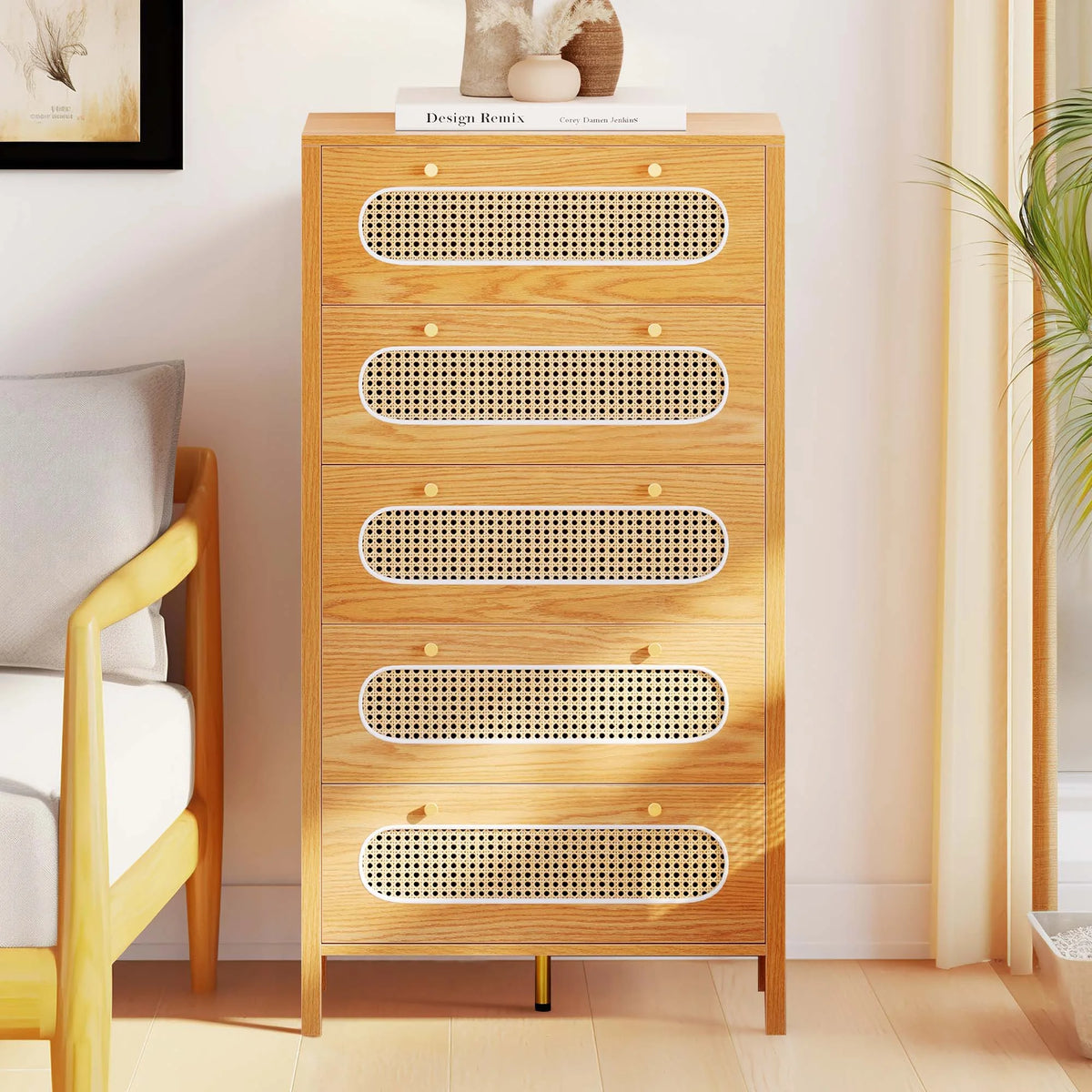 5 Drawer Rattan Wood Dresser Q478
