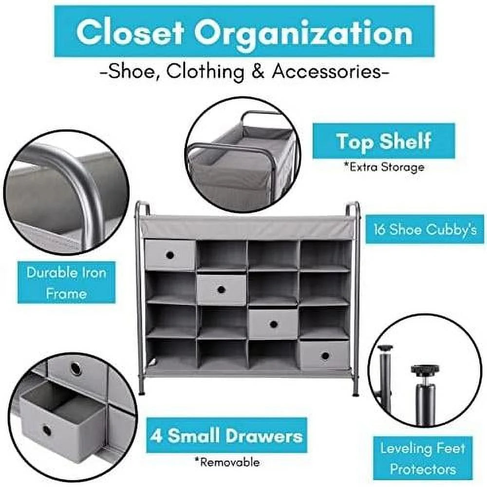 Grey 16 Cubby Shoe Rack Organizer with 4 Drawers S94850