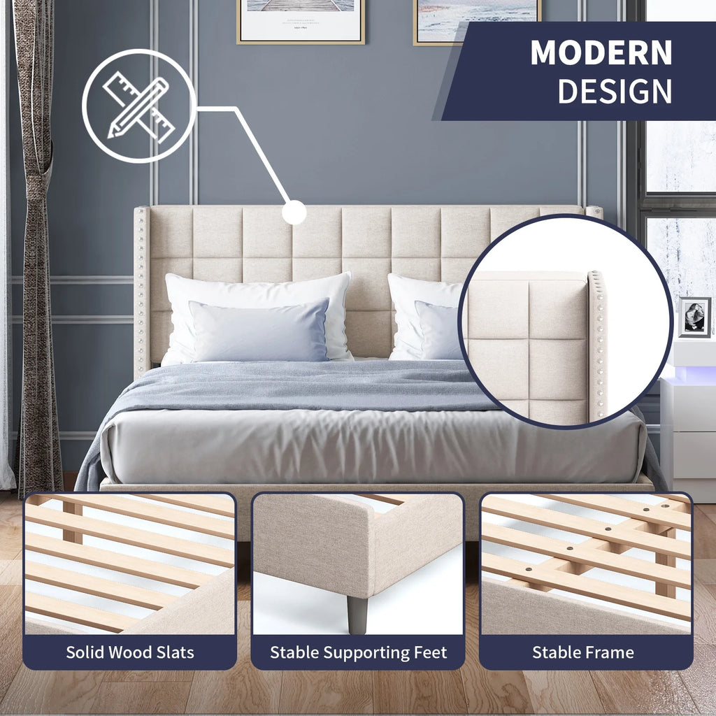 Velvet Wingback Headboard Queen Size Platform Bed Frame R623886