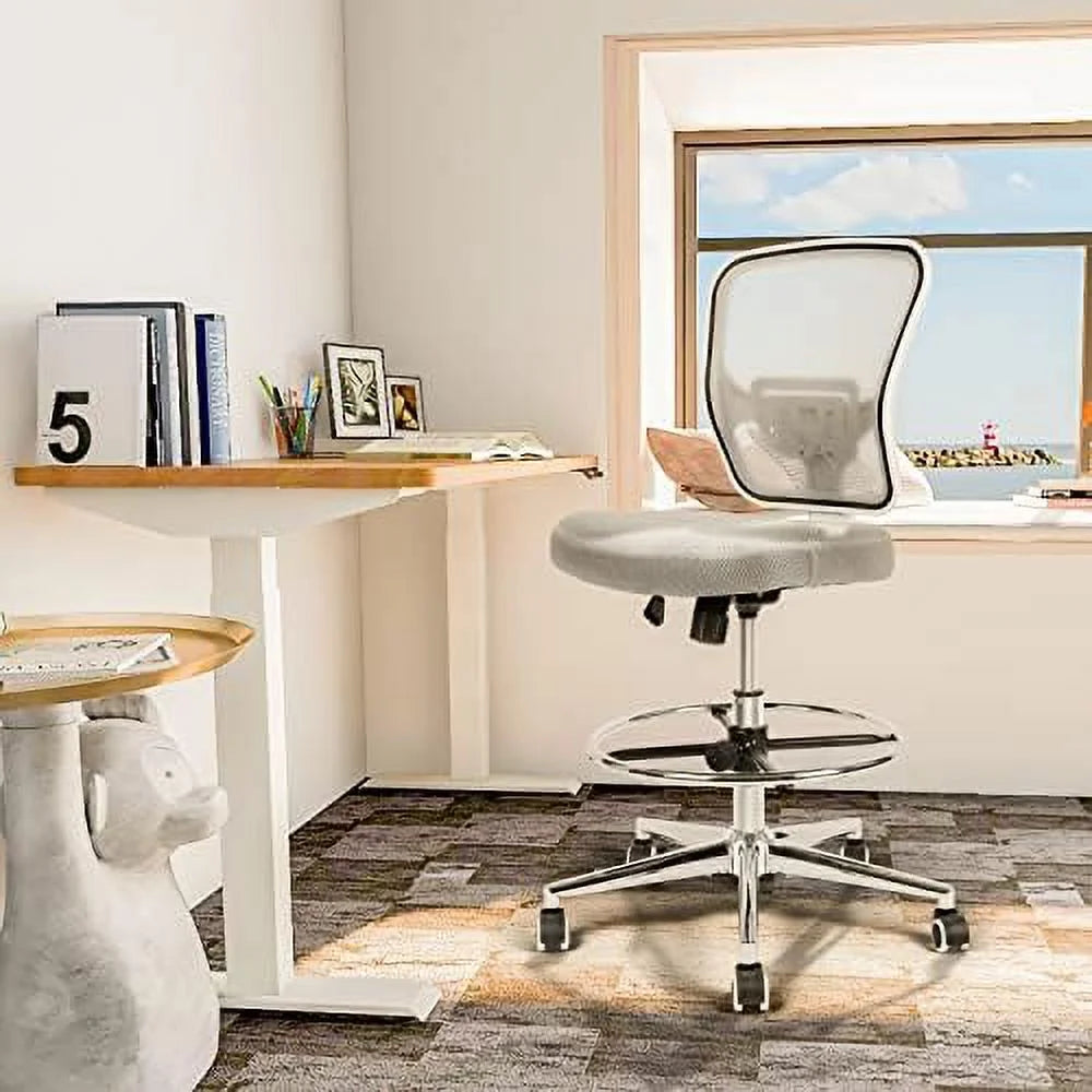 Grey Drafting Chair with Lumbar Support and Foot Ring O729532